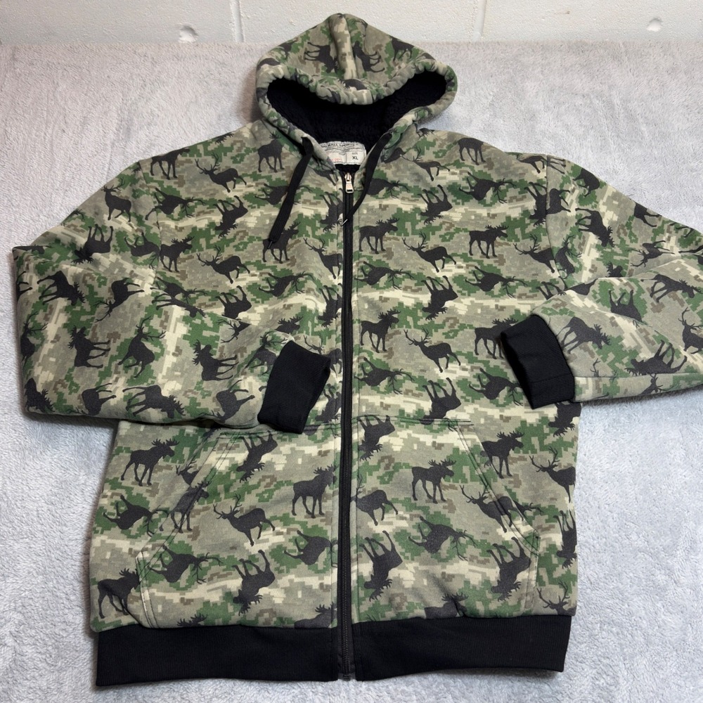 Big Ball Sports Hoodie Mens XL Camo Moose Deer Sherpa Lined Full Zip Jacket